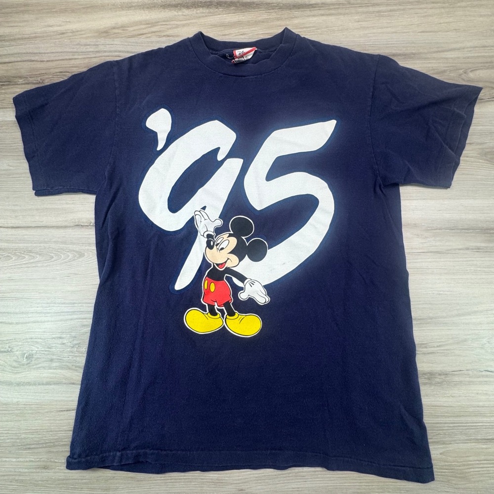 Vintage 90s Disney World Mickey Mouse Single Stitch T-Shirt Navy Blue Small Med‎